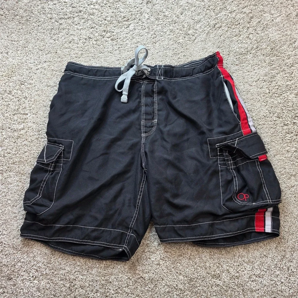 VINTAGE OP Ocean Pacific Board Shorts Men Large 36/38 Black Swim Trunks Y2K Surf